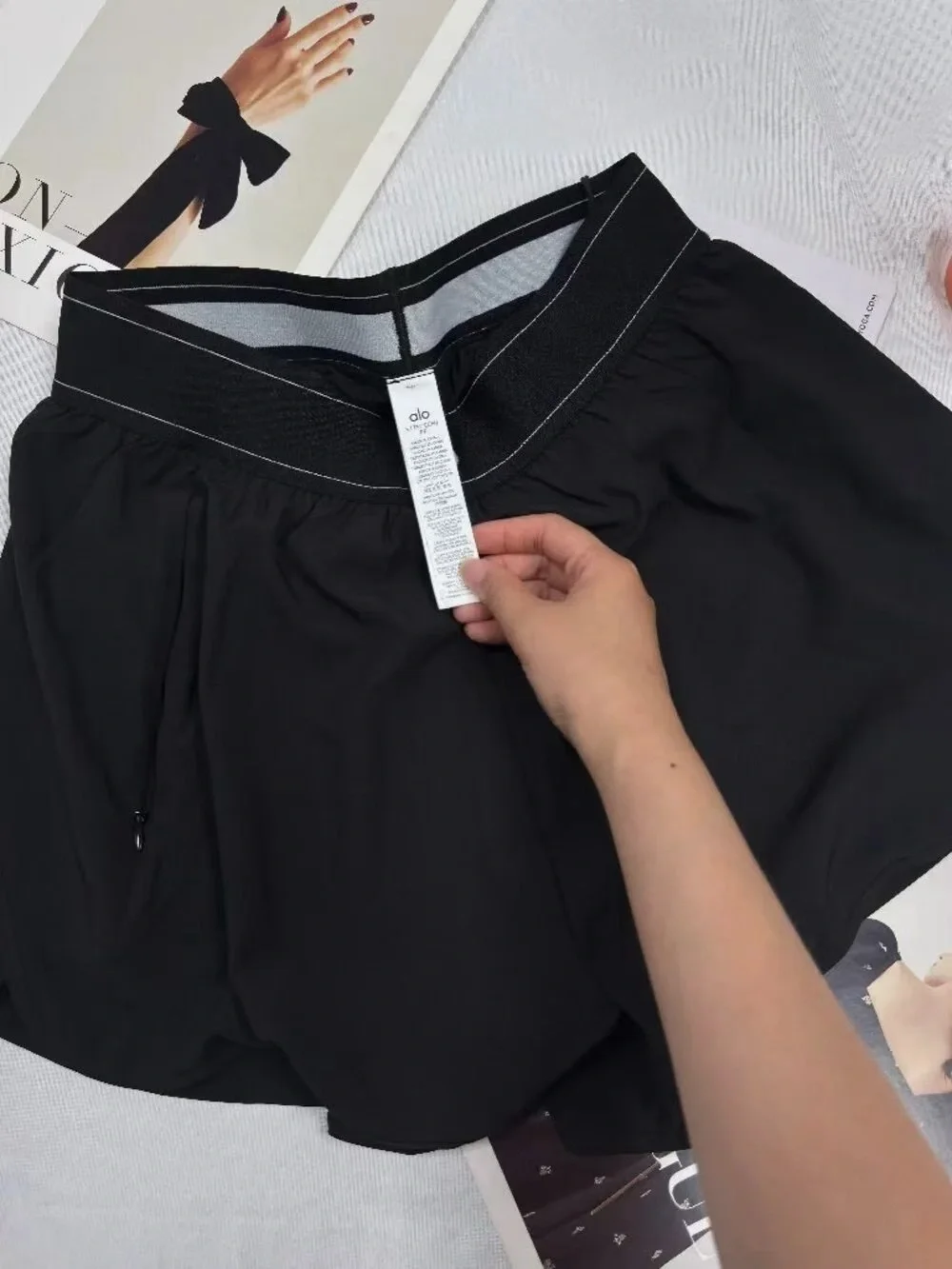 ALO Yoga Black Mini Skirt-Style Athletic Shorts with Logo Waistband